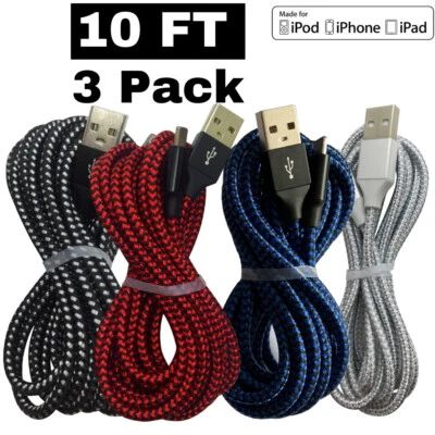 Paquete de 3 cables de carga rápida USB de 10 pies cable de sincronización de datos de carga para iPhone iPad iPod Foto 1 de 4