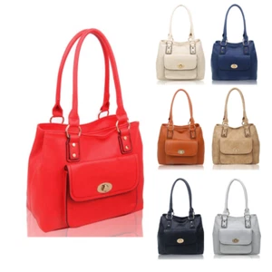 Damen-Fronttasche PU-Leder Doppelgriff große Beuteltasche Shopper Schulter Handtasche - Bild 1 von 15