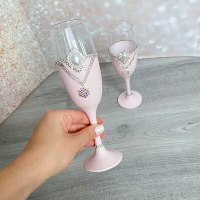 Pink Wedding Toasting Champagne Flutes Bling Crystal Bride Groom Rustic Decor - Image 1 of 4