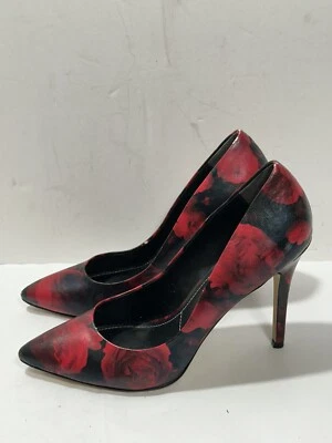 CHARLES By Charles David Stiletto Heels Sz 8M Black/Red Roses Minor Peeling READ - Image 1 of 4