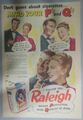 Anuncio de cigarrillos Raleigh: Mind Your P's and Q's de 1944 Tamaño: 11 x 15 pulgadas Foto 1 de 2