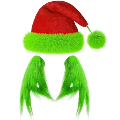 Green Monster Furry Gloves Christmas Santa Hat Xmas Halloween Cosplay Costume