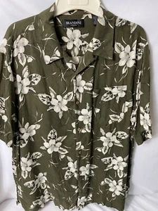 Brandini 100% Pure Silk Men's Hawaiian Shirt Green Brown White Floral Sz XL - Picture 1 of 12