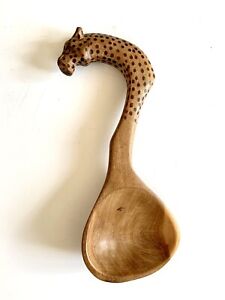 Hand Carved Leopard Wooden Serving Spoon African Style Spotted Cat 11” Server