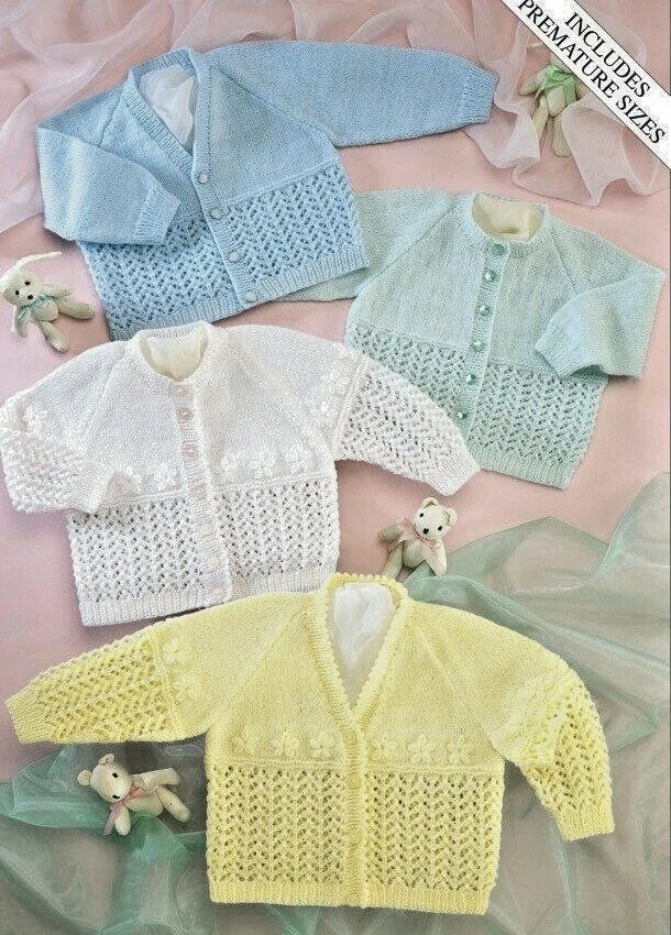 (BC9)BABY CARDIGAN KNITTING PATTERN CREW & V-NECK DAISY MOTIF OPTIONAL 12" - 18" - Image 1 of 1