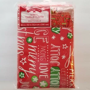 Christmas Typography Lettering Vinyl Tablecloth 60 x 102 Red Holiday Message NEW - Picture 1 of 4