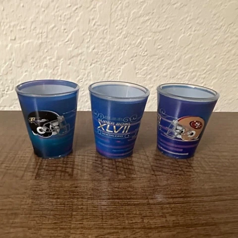 Set of 3 Shot Glasses - Super Bowl XLVII - Baltimore Ravens & SF 49ers Cover