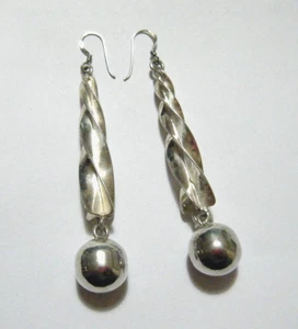 Vintage 80s Modernist 3" Long Sterling Silver Spiral & Ball Dangle Earrings - Picture 1 of 5