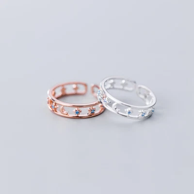 925 Sterling Silver Hollow Moon and Star Blue CZ Adjustable Band Ring Size 7 PE1 - Image 1 of 4