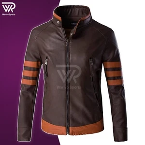 Logan Inspired Brown Leather Jacket Men's Striped Motorcycle Coat for Fans - Picture 1 of 8