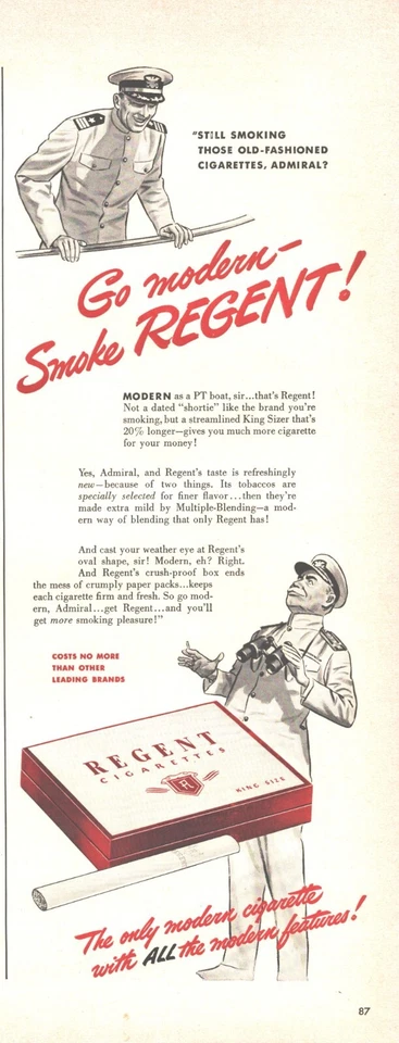 Cigarros Regent 1943 estampa vintage anúncio Segunda Guerra Mundial era almirante naval antiquado - Imagem 1 de 1