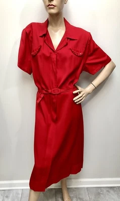 VTG 1940s Land Girl FULL ZIPPER FRONT *Cherry Red LANDGIRL GABARDINE Day Dress - Image 1 of 4
