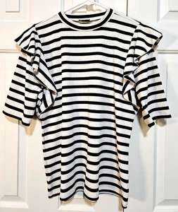 ANN TAYLOR POLY Blend Striped TOP S. sleeve Size XL Black & White Pull Over NWT - Picture 1 of 4