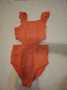 Kids' One-Piece Bathing Suit Size 6 -8, Orange And Blue With Ruffles New - Picture 1 of 4