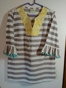 Lolly Wolly Doodle Ladies Shirt/Tunic, Sz M, Ruffle Sleeve w/Pom Poms, Striped. - Picture 1 of 5