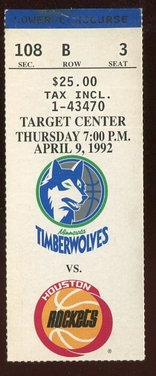 Ticket Basketball Minnesota Timberwolves 1991 - 92 4/9 Houston Rockets - Image 1 of 1