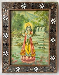 Vintage Old Rare Hindu Bansuri Gopal Krishna Holy Litho Print With Wood Old Fram - Picture 1 of 7
