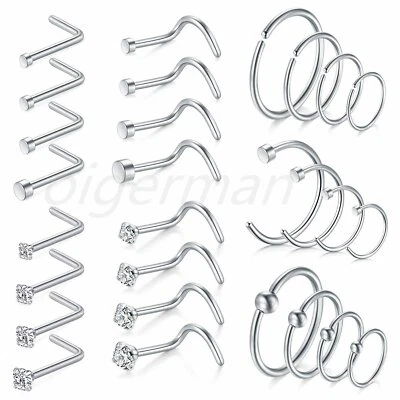 28PCS Hoop CZ L-Shaped Nose Ring 18G Surgical Steel Body Piercing Jewelry Silver - Image 1 of 4