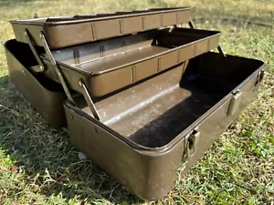 🧰 Vintage Steel Tool Utility Tackle Box Brown Three Tier Cantilever Movement - Picture 1 of 11