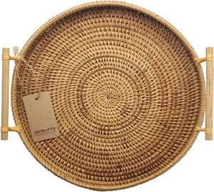 Round Rattan Tray Woven Bread Basket with Handles Serving Natural 11 in Diameter - Picture 1 of 7