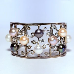 Sterling Silver Button Pearl Leaf Scroll 35mm Size 6.75" Cuff Bracelet 40.9g - Picture 1 of 8