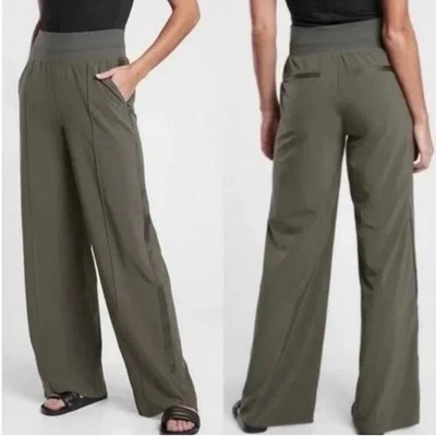 Athleta Nolita Wide Leg Pants Size 16 Olive Green Tuxedo Stripe Stretch Pull On - Image 1 of 4
