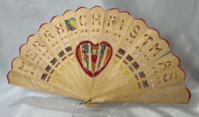 Vtg Wood Brise Fan MERRY CHRISTMAS Balsa Wood Punched & Handpainted Pink Ribbon - Image 1 of 4