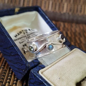 925 Sterling Silver Ring, Multi Gemstones Band, Size U US 10, Moonstone, Garnet - Picture 1 of 9