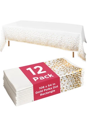 12-Pack Disposable Tablecloth - Table Cover White and Gold Polka Dot Rectangu... - Image 1 of 4
