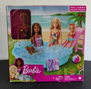 Ensemble de jeu piscine poupée Barbie blonde toboggan + boissons + serviette 2019 NEUF - Photo 1/7