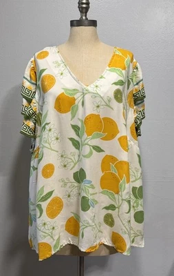 Camisa Blusa Túnica Manga Acampanada RACHEL ZOE Plus 2X Top Estampado Tropical Cítrico Foto 1 de 4