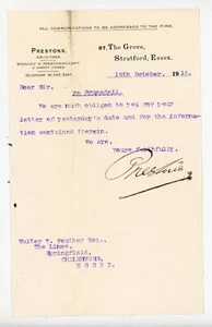 1915 Solicitor Letter % Prestons Stratford Essex Walter T Feather Legal Matter - Picture 1 of 2