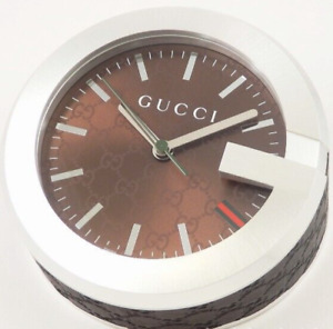 GUCCI Table Travel Clock 210 Round Leather Broｗn SS Silver battery replacement