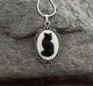 Black Cat Cameo Necklace, Gothic Halloween Witch Pendant, Sterling Silver Chain - Picture 1 of 4