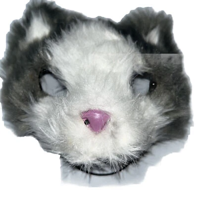 Cat Face Mask GRAY WHITE FURRY Kitty Halloween Fur Face PINK nose Mask Open Eyes - Image 1 of 4
