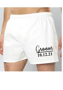 Personalised mens boxers/boxer shorts -Groom - your wedding date - WHITE - Picture 1 of 1
