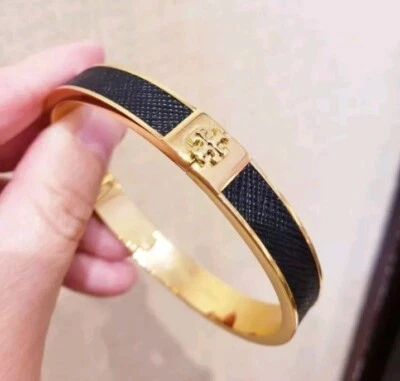 Bracelete de punho feminino Tory Burch dourado/preto com incrustação de couro fino novo com etiquetas - Imagem 1 de 2