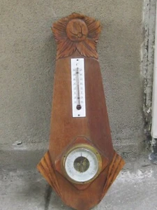 Antique French Art Deko 1920 wall barometer thermometer carved wood - Picture 1 of 11