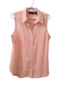 Attention Sleeveless Button Up Blouse Chiffon Peach White Floral Womens Large - Picture 1 of 14