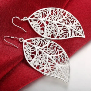 925 Silver French Earhook Wire Leaf Drop Pendant Dangle Earrings Elegant Jewelry - Picture 1 of 8