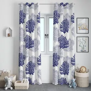 Coral Coastal Curtains,Blue Coral Decorative Beach Ocean Coral Darkening Curt... - Picture 1 of 7