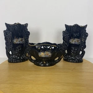 Japanese Style Black Boat Vase And Two Medium with Peacock Floral Scene 3 Pieces - Picture 1 of 21