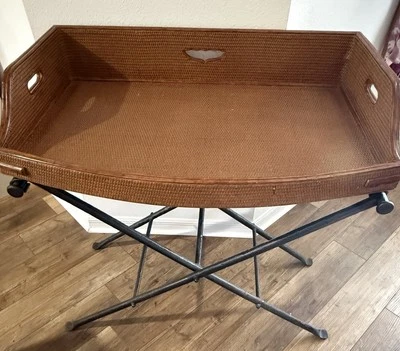 36” Large Antique Bamboo Wicker Rattan Folding serving Tray Table Stand Butler - Image 1 of 4