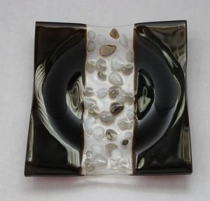Fused Art Glass Trinket Dish/Coaster 4.5x4.75 in Square Brown White Clear - Picture 1 of 3