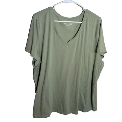 Camiseta Ava & Viv Para Mujer 1X Verde Cuello en V Manga Corta Sólida Camisa Básica Top Foto 1 de 4