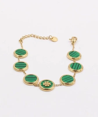 Tory Burch Malachite Link Bracelet Gold Green Logo Medallions Adjustable - Image 1 of 4