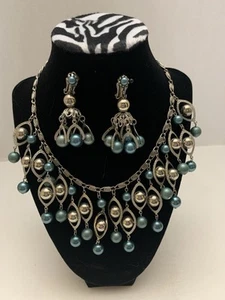 Vtg 1940's Blue Silver Bead Ball Drape Necklace Clip Earrings Gem Clip Chain - Picture 1 of 7