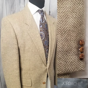 Vintage 80s Jordache Men Blazer 42r Beige Tweed Herringbon Sport Coat Jacket - Picture 1 of 21