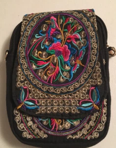 Women Handmade Embroidered Shoulder Bag NWOT Ethnic Flower  Black Crossbody - Picture 1 of 6