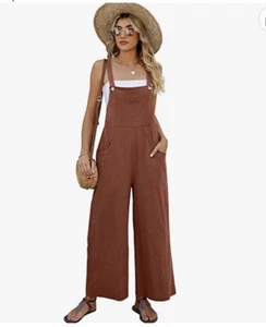 Aedrooner L Brown Cotton Bib Jumpsuit Bibs Pants Baggy Romper Playsuit Overalls - Picture 1 of 8